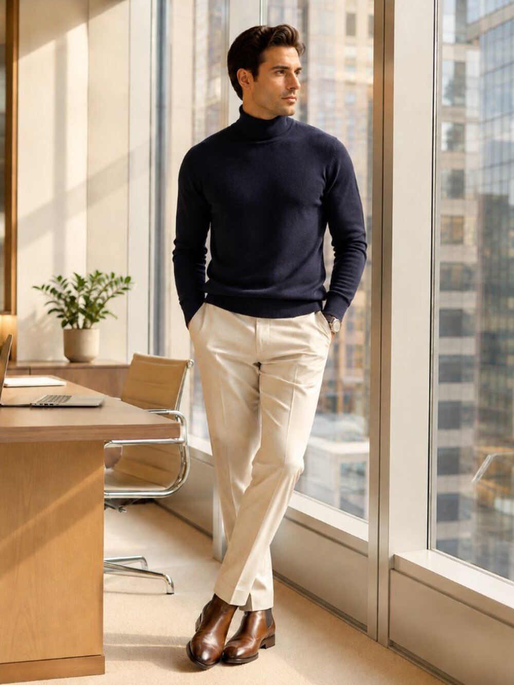 Button Studio Men’s 100% Cashmere Turtleneck Sweater Navy Blue Size L